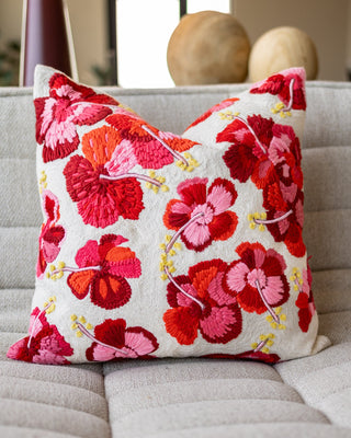 Haley Organic Cotton Embroidered Hibiscus Throw Pillow - YaYa & Co.