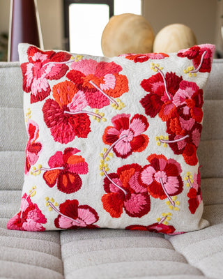 Haley Organic Cotton Embroidered Hibiscus Throw Pillow - YaYa & Co.