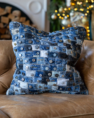 Indigo Recycled Denim Button Throw Pillow - YaYa & Co.